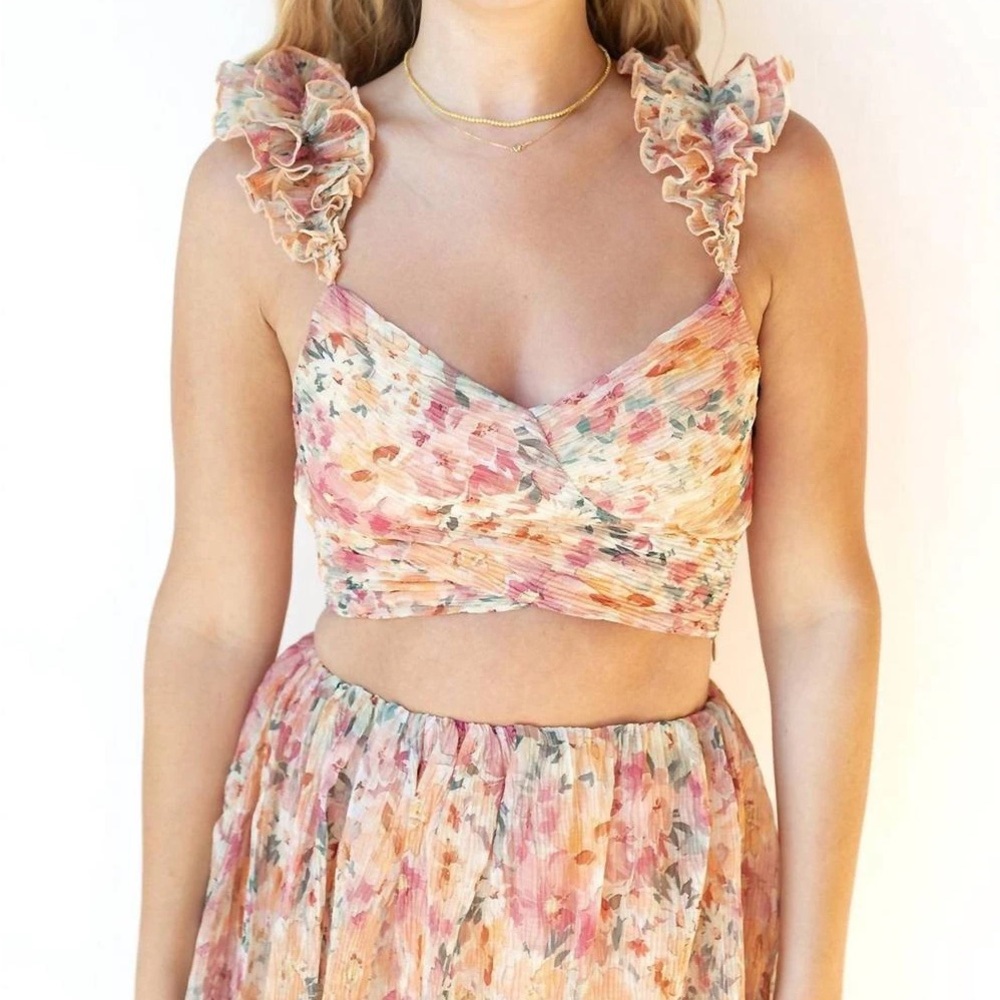 Astr Multicolor Floral Ruffle Strap Crop Top - Pink, Peach, Blue